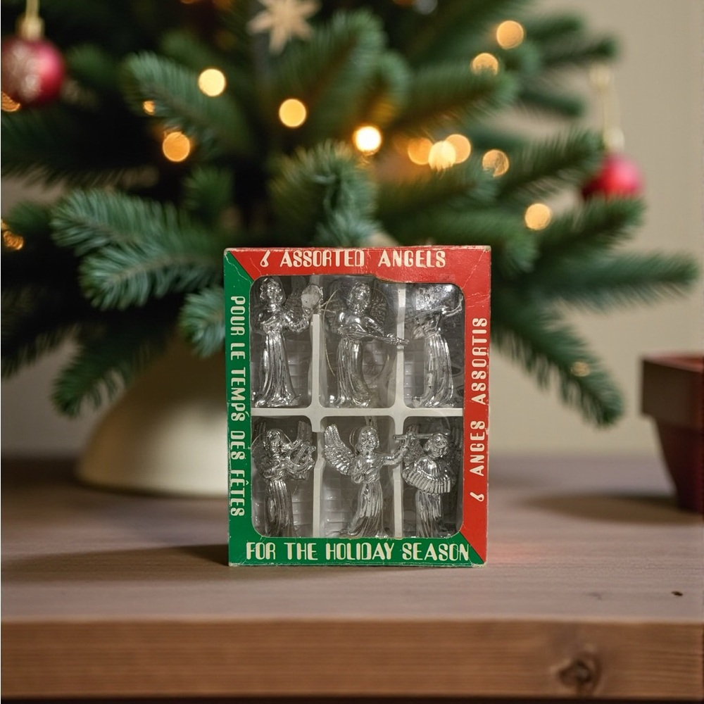 Vintage 70’s Set of 6 Silver Angel Christmas Ornaments